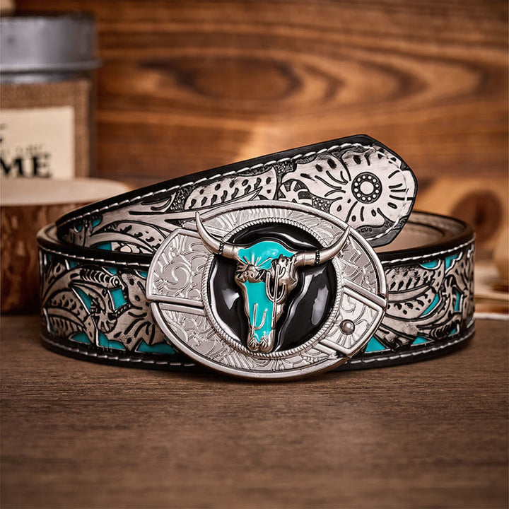 Cintura in pelle con fibbia a coltello pieghevole nascosto fai-da-te Desert Spirit Bull - Toro Turchese - Cintura grigia a fiori - 42 - image 8