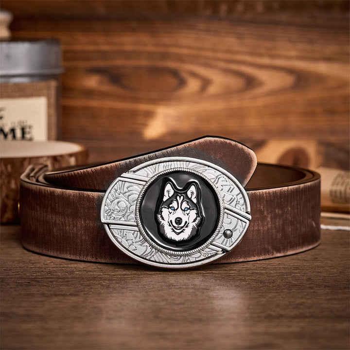 Cintura in pelle con fibbia a coltello pieghevole nascosto fai-da-te con husky dagli occhi azzurri - Husky - Cintura marrone effetto invecchiato - 42 - image 5