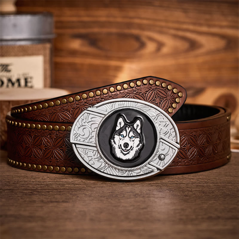 Cintura in pelle con fibbia a coltello pieghevole nascosto fai-da-te con husky dagli occhi azzurri - Husky - Cintura con rivetti marroni - 42 - image 4