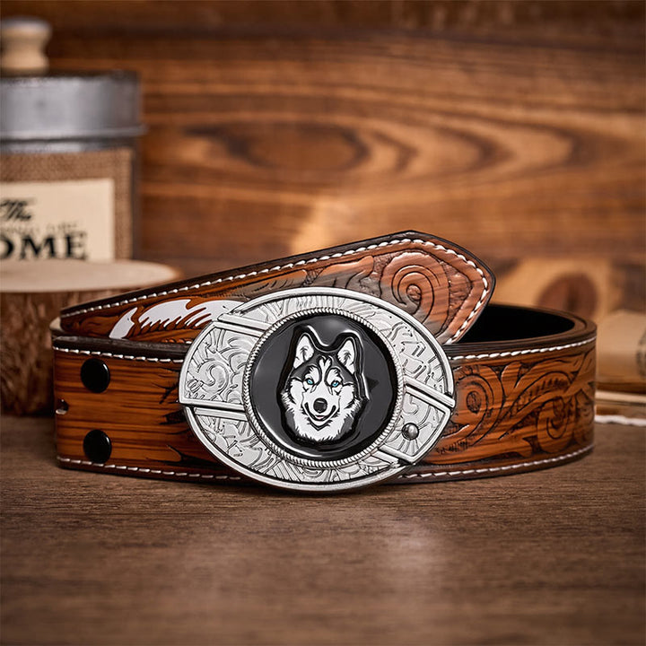 Cintura in pelle con fibbia a coltello pieghevole nascosto fai-da-te con husky dagli occhi azzurri - Husky - Cintura di piume marroni - 40 - image 7