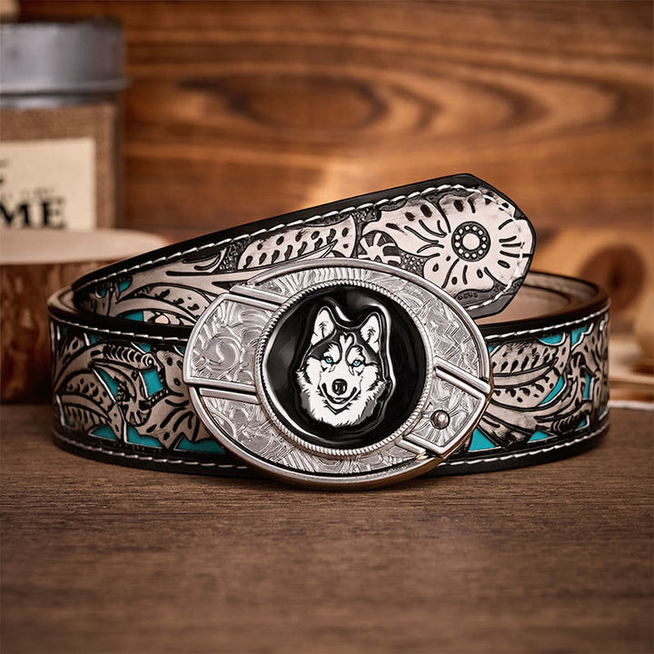Cintura in pelle con fibbia a coltello pieghevole nascosto fai-da-te con husky dagli occhi azzurri - Husky - Cintura grigia a fiori - 42 - image 8
