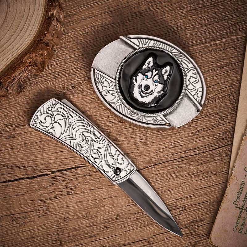 Cintura in pelle con fibbia a coltello pieghevole nascosto fai-da-te con husky dagli occhi azzurri - image 1