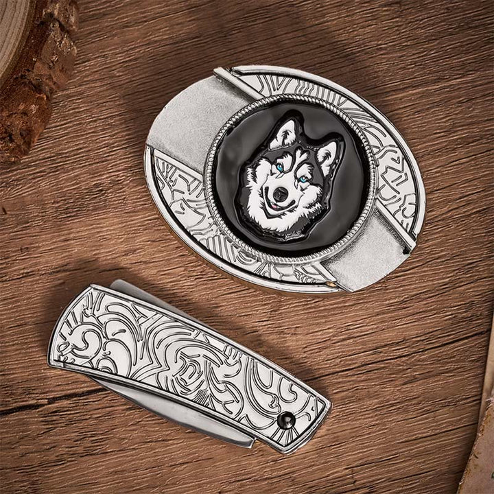 Cintura in pelle con fibbia a coltello pieghevole nascosto fai-da-te con husky dagli occhi azzurri - image 9