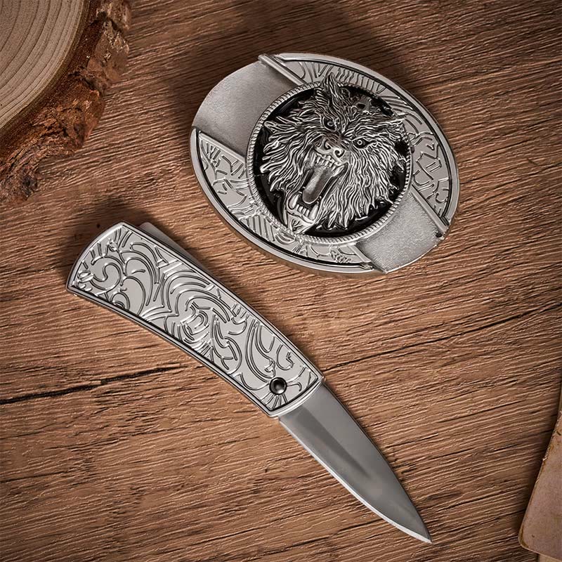 Fibbia per cintura in pelle con coltello pieghevole nascosto a forma di testa di lupo ringhiante - image 1