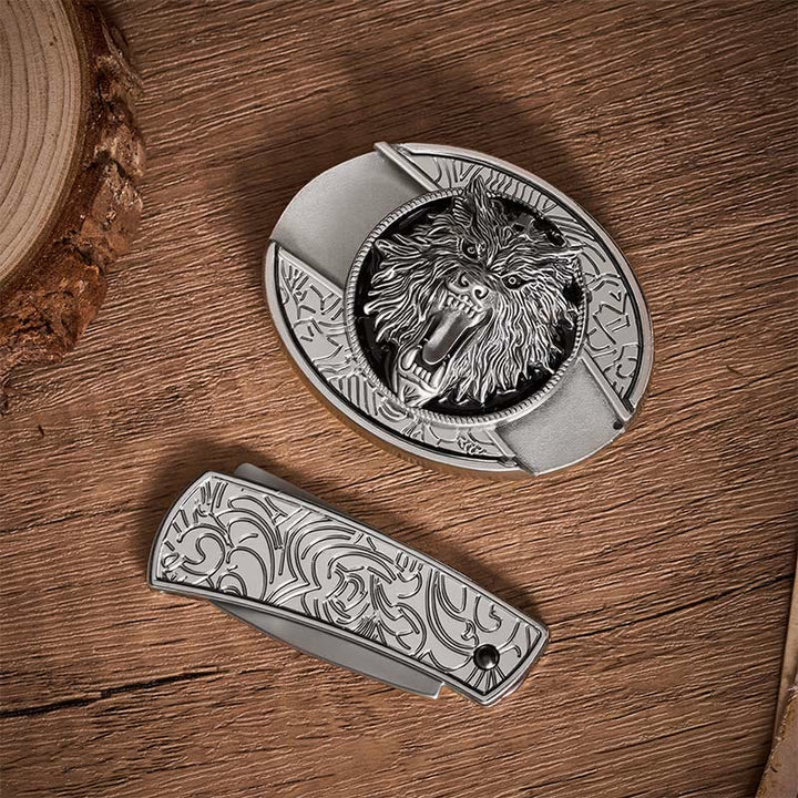 Fibbia per cintura in pelle con coltello pieghevole nascosto a forma di testa di lupo ringhiante - image 10
