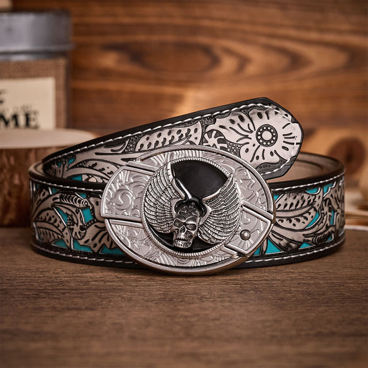 Cintura in pelle con fibbia a scomparsa a forma di teschio alato, ideale per motociclisti. - Teschio alato - Cintura grigia a fiori - 42 - image 8