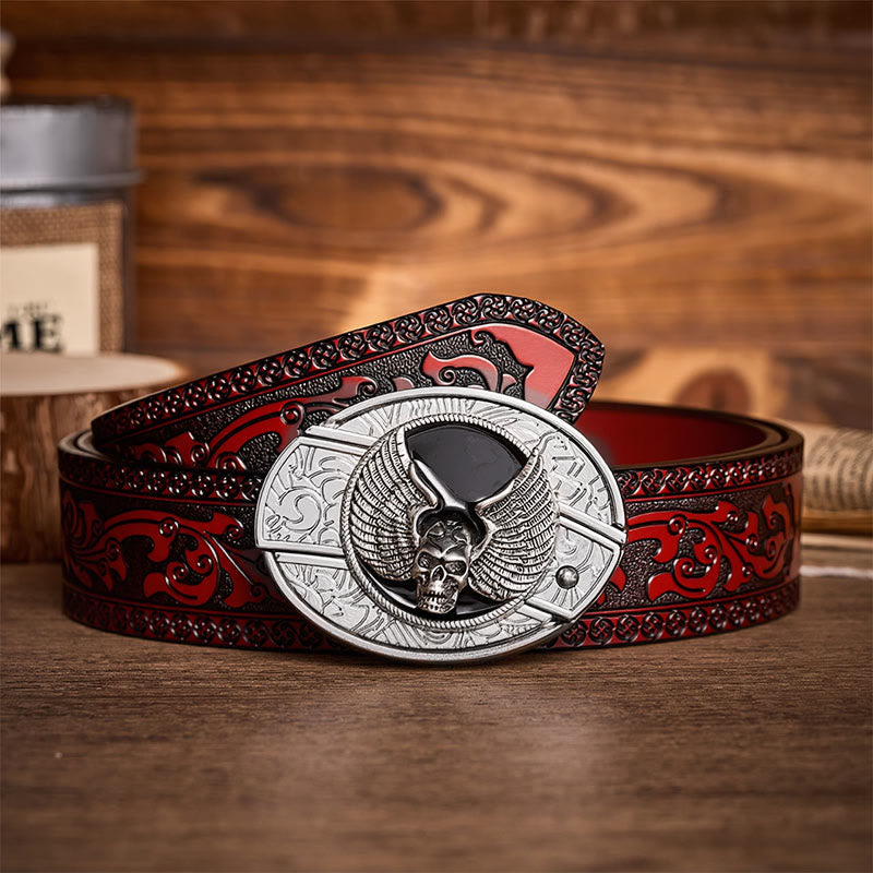 Cintura in pelle con fibbia a scomparsa a forma di teschio alato, ideale per motociclisti. - Teschio alato - Cintura intagliata marrone - 42 - image 6