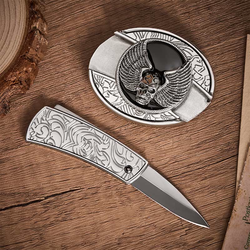 Cintura in pelle con fibbia a scomparsa a forma di teschio alato, ideale per motociclisti. - image 1