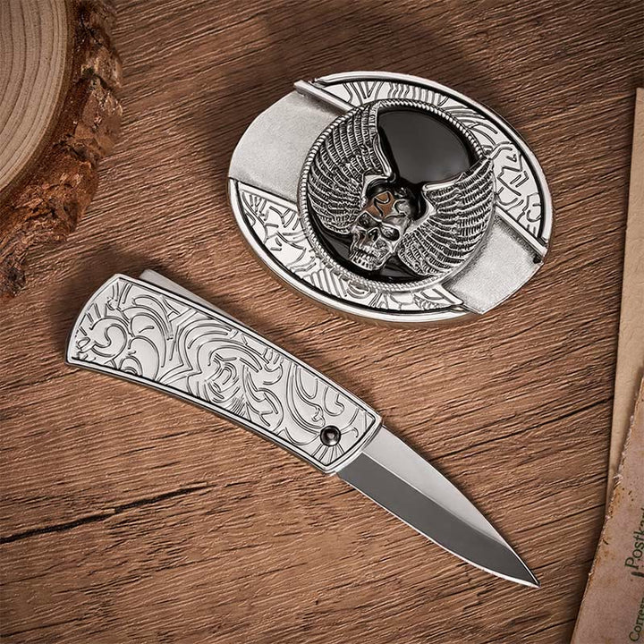 Cintura in pelle con fibbia a scomparsa a forma di teschio alato, ideale per motociclisti. - image 1