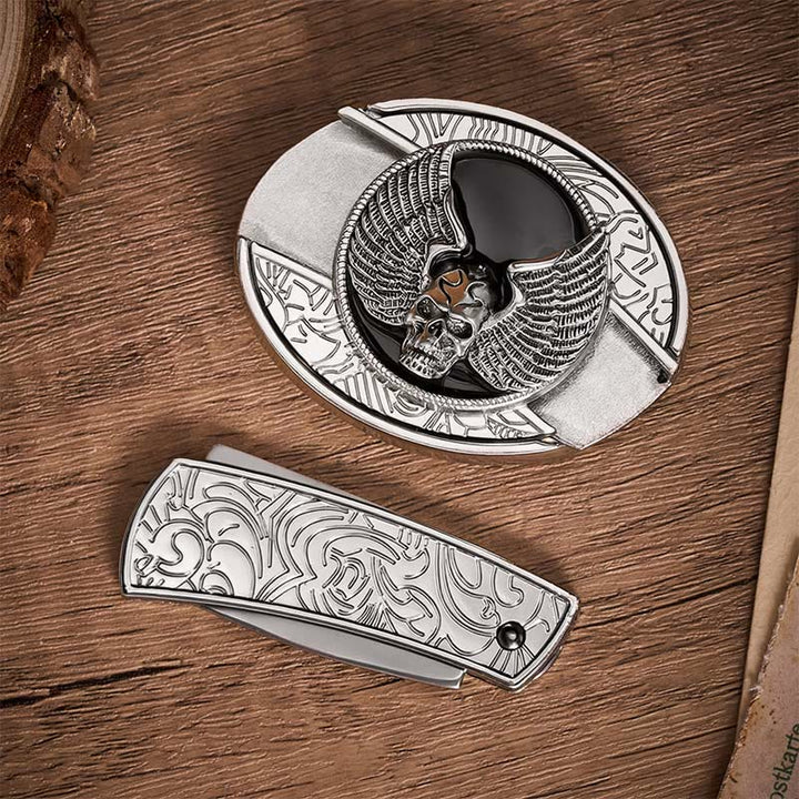 Cintura in pelle con fibbia a scomparsa a forma di teschio alato, ideale per motociclisti. - image 9