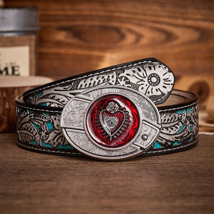 Cintura in pelle con fibbia a coltello pieghevole nascosto fai-da-te a forma di Sacro Cuore Cremisi - Cuore Cremisi - Cintura grigia a fiori - 42 - image 8