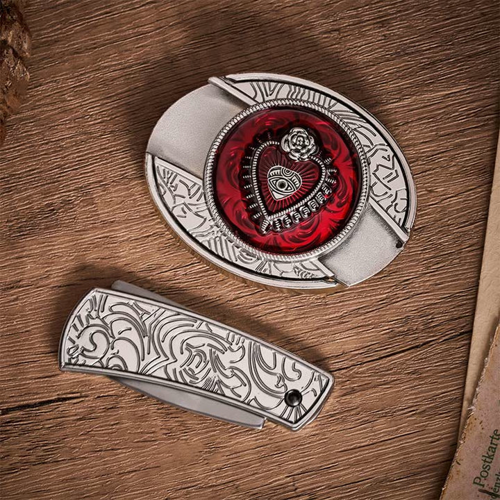 Cintura in pelle con fibbia a coltello pieghevole nascosto fai-da-te a forma di Sacro Cuore Cremisi - image 10