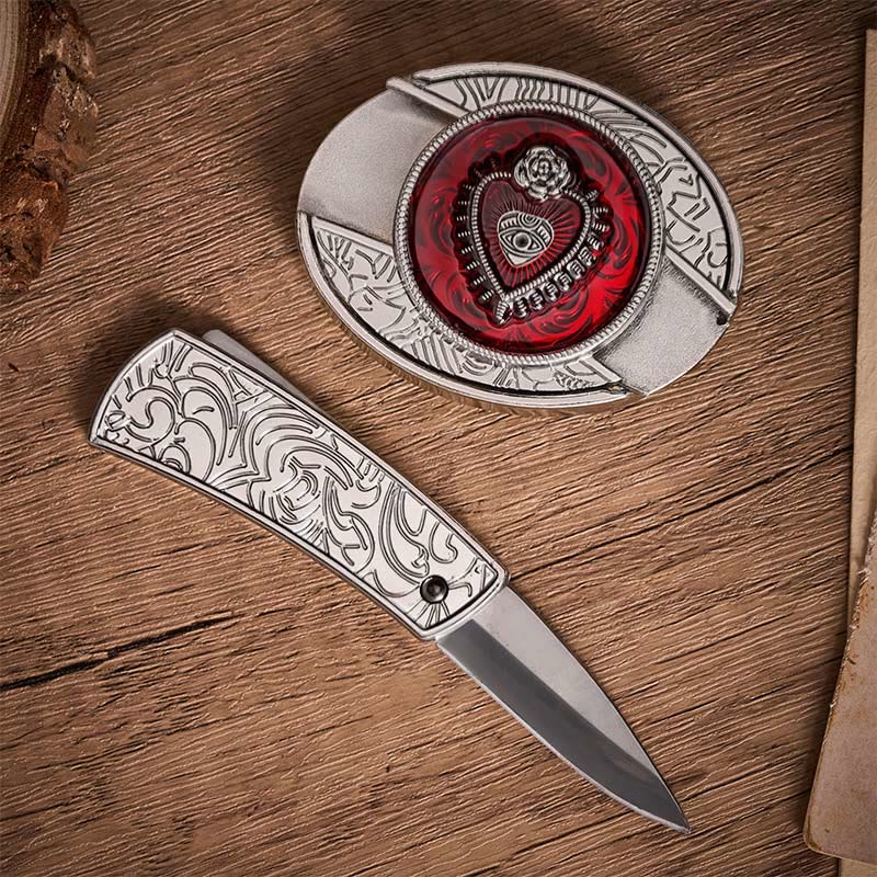 Cintura in pelle con fibbia a coltello pieghevole nascosto fai-da-te a forma di Sacro Cuore Cremisi - image 1