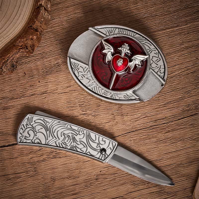 Cintura in pelle con fibbia a coltello pieghevole nascosto fai-da-te Wings & Dagger Red Heart - image 1