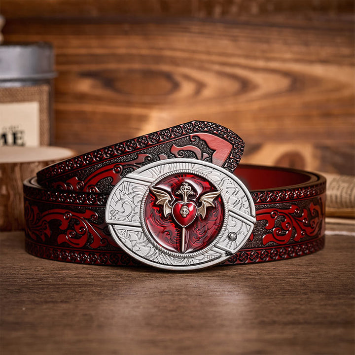 Cintura in pelle con fibbia a coltello pieghevole nascosto fai-da-te Wings & Dagger Red Heart - Ali e pugnale - Cintura intagliata marrone - 42 - image 6