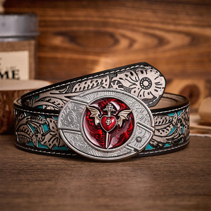 Cintura in pelle con fibbia a coltello pieghevole nascosto fai-da-te Wings & Dagger Red Heart - Ali e pugnale - Cintura grigia a fiori - 42 - image 8