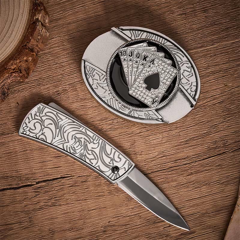 Cintura in pelle con fibbia a coltello pieghevole nascosto fai-da-te con scala reale di picche lucida - image 1