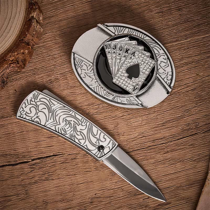 Cintura in pelle con fibbia a coltello pieghevole nascosto fai-da-te con scala reale di picche lucida - image 1