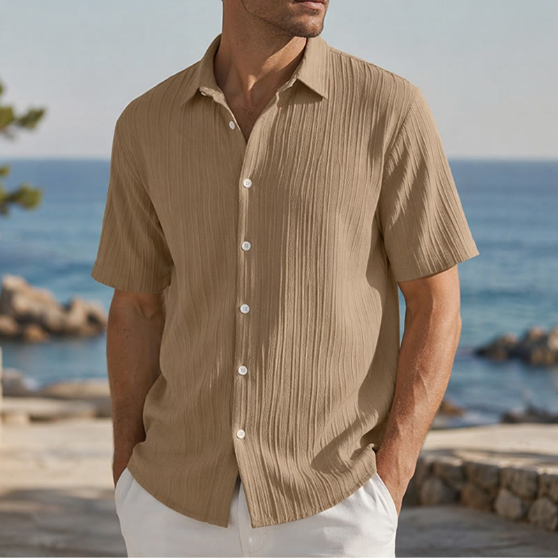 Camicia casual da uomo in jacquard a righe di cotone e lino - Cachi - 2XL - image 19