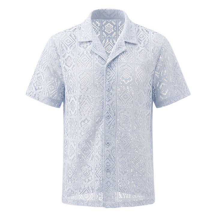 Camicie estive da uomo traforate con inserti in pizzo e pizzo, perfette per le vacanze estive. - image 4