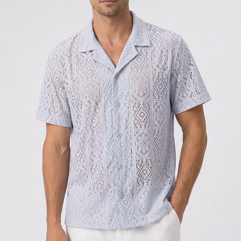 Camicie estive da uomo traforate con inserti in pizzo e pizzo, perfette per le vacanze estive. - image 1