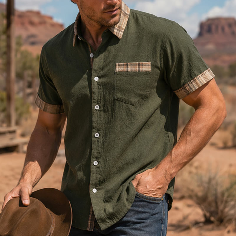 Camicia da uomo in cotone a quadri stile vintage con inserti patchwork. - Verde militare - 4XL - image 7