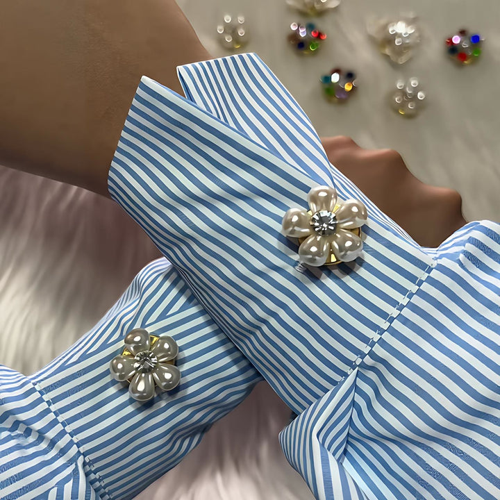 1 paio di eleganti copribottoni a scatto con motivo a margherita e perle per camicia. - Oro - image 0