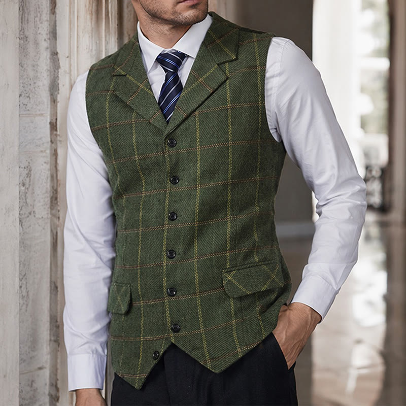 Gilet da uomo a quadri con revers a tacca, ideale per feste e occasioni informali. - Verde - 5XL - image 5