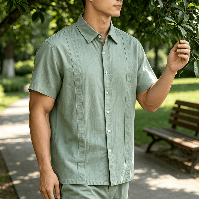 Camicia da uomo minimalista in cotone traspirante, tinta unita, ideale per l'estate. - Verde - 3XL - image 8