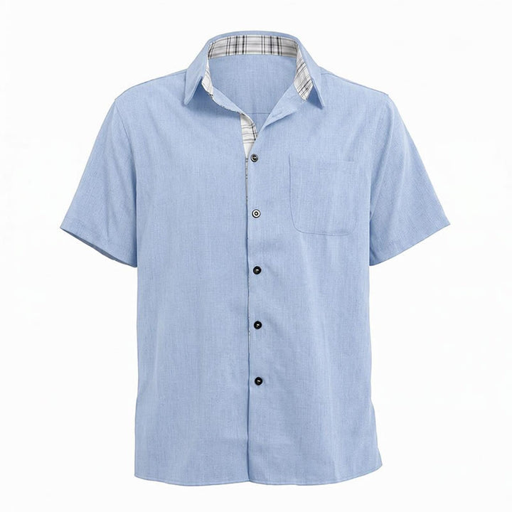 Camicia da uomo a maniche corte in lino tinta unita con bottoni - image 24
