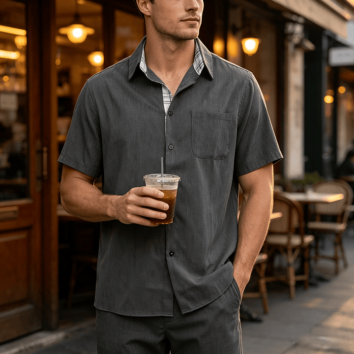 Camicia da uomo a maniche corte in lino tinta unita con bottoni - Grigio scuro - 5XL - image 12
