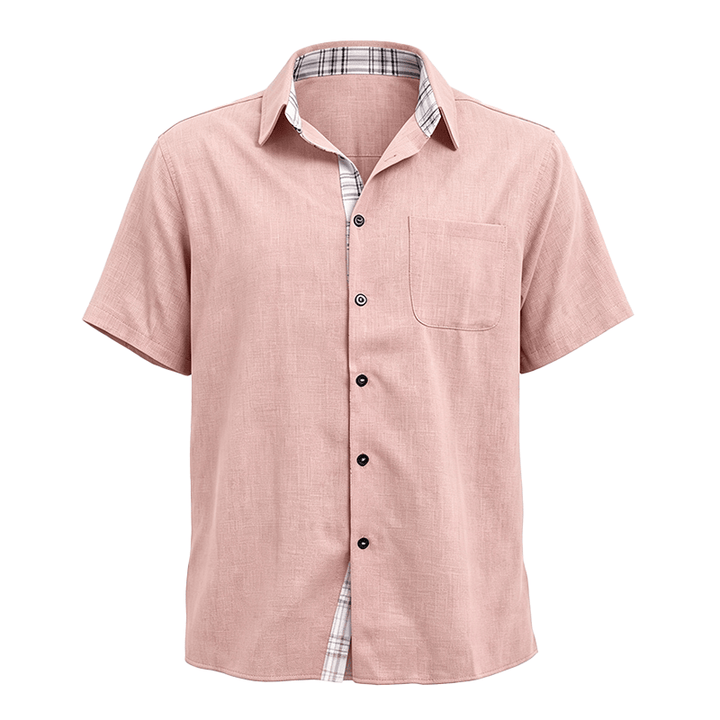 Camicia da uomo a maniche corte in lino tinta unita con bottoni - image 33