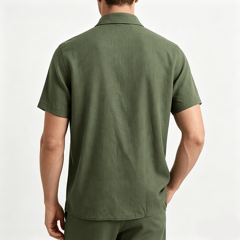Camicia da uomo a maniche corte in lino tinta unita con bottoni - image 3
