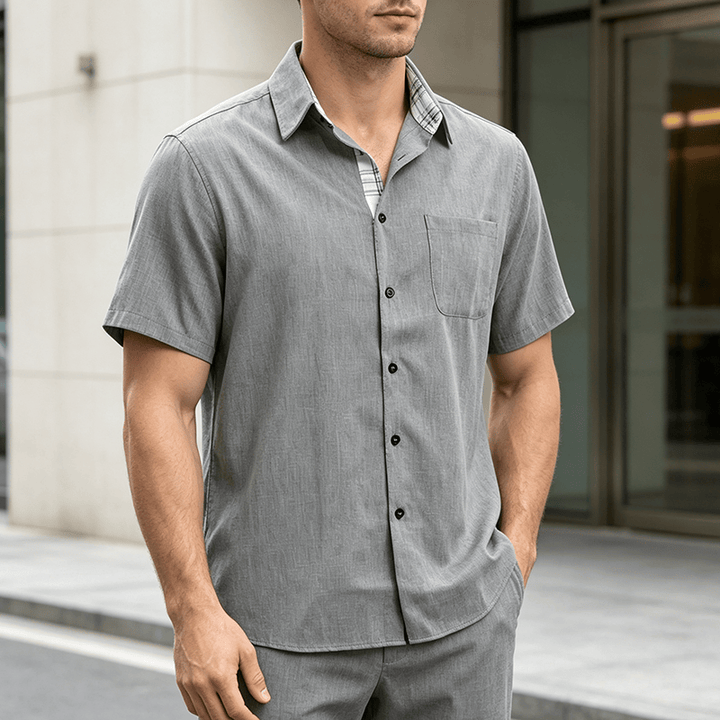 Camicia da uomo a maniche corte in lino tinta unita con bottoni - Grigio - 5XL - image 11