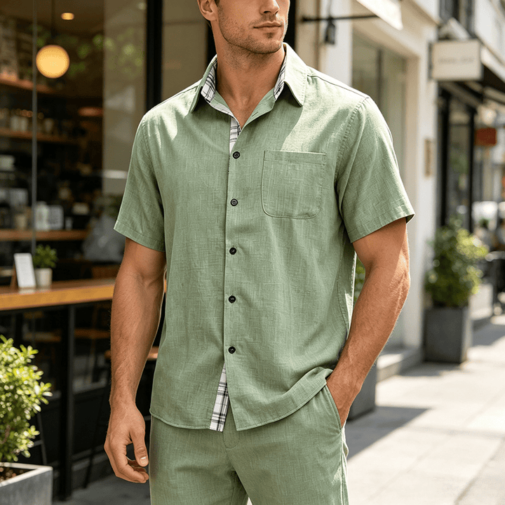 Camicia da uomo a maniche corte in lino tinta unita con bottoni - Matcha - 5XL - image 13