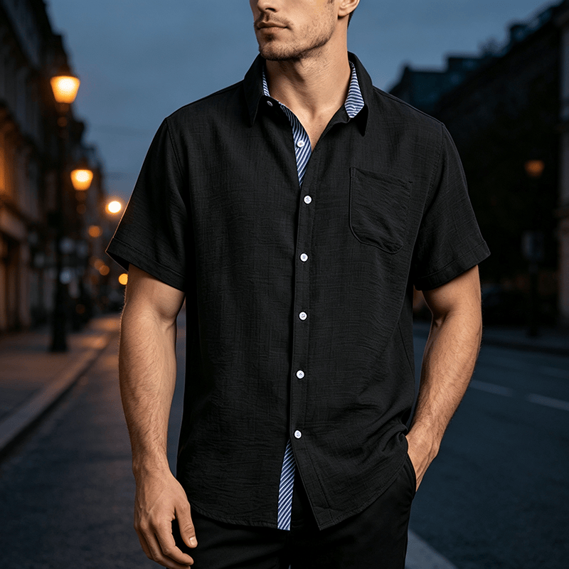 Camicie casual estive da uomo con taschino interno a righe a contrasto - Nero - 3XL - image 5