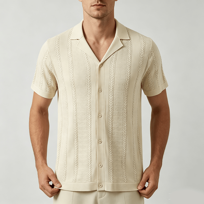 Camicia da uomo a maglia con motivo a chevron e righe verticali, fresca e casual per l'estate. - image 1
