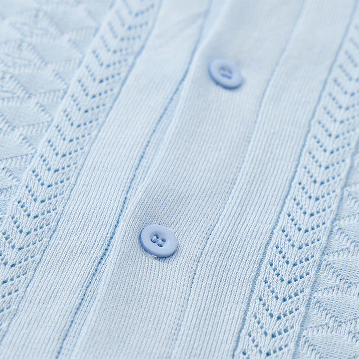 Camicia da uomo a maglia con motivo a chevron e righe verticali, fresca e casual per l'estate. - image 9