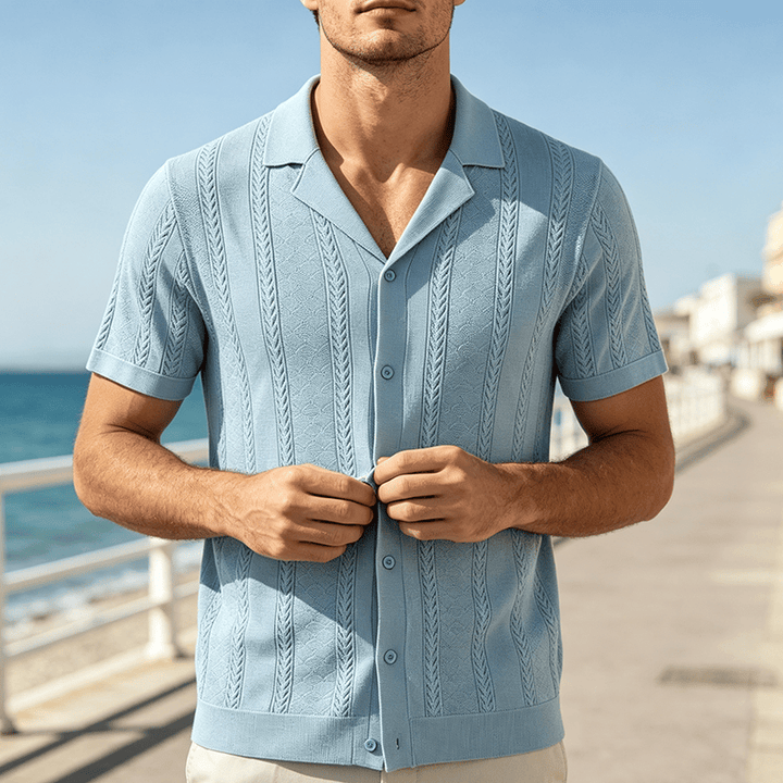 Camicia da uomo a maglia con motivo a chevron e righe verticali, fresca e casual per l'estate. - Blu - 3XL - image 4