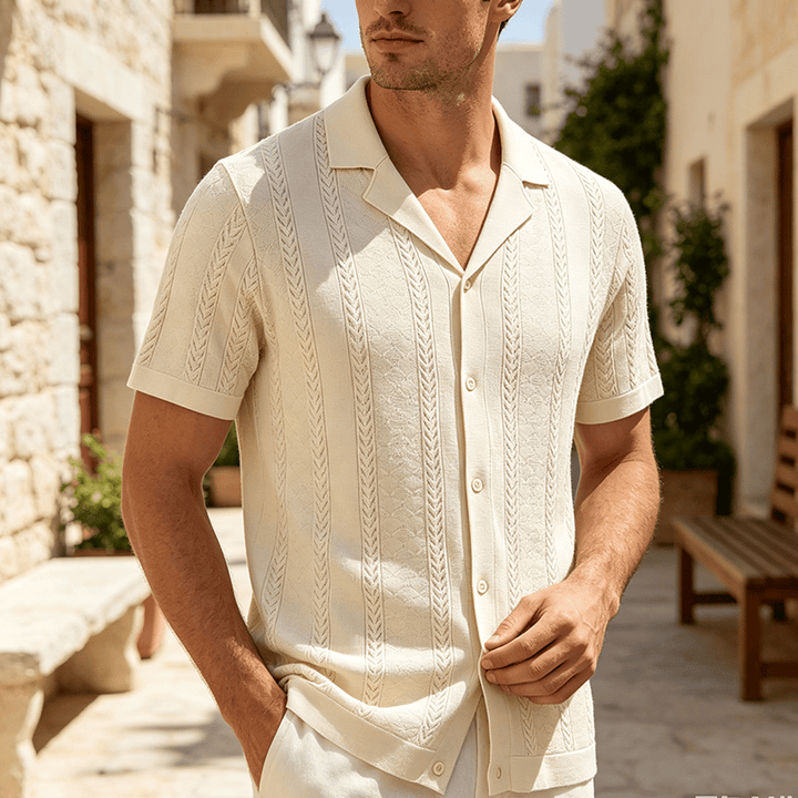 Camicia da uomo a maglia con motivo a chevron e righe verticali, fresca e casual per l'estate. - Beige - 3XL - image 0