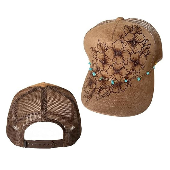 Cappellino da baseball in stile western con decorazione floreale bruciata e catena turchese. - image 9