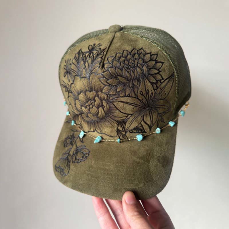 Cappellino da baseball in stile western con decorazione floreale bruciata e catena turchese. - Stile n. 1 / Verde - Regolabile (21 5/8"-23 5/8") - image 2