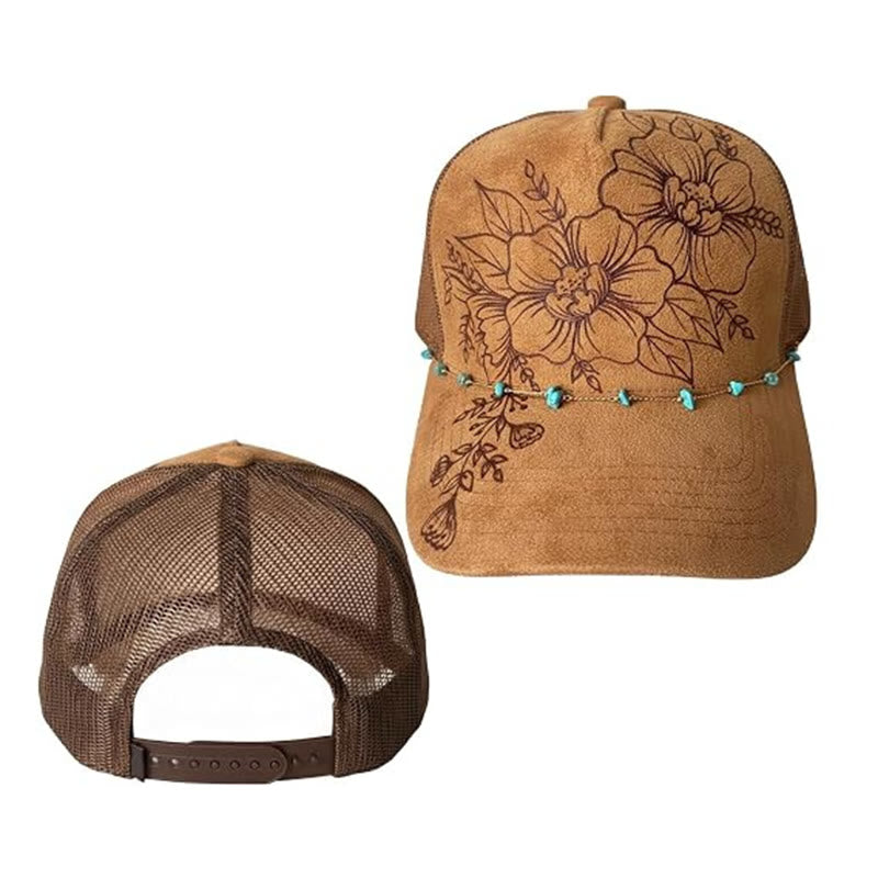 Cappellino da baseball in stile western con decorazione floreale bruciata e catena turchese. - image 7