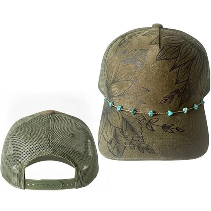 Cappellino da baseball in stile western con decorazione floreale bruciata e catena turchese. - Stile n. 2 / Verde - Regolabile (21 5/8"-23 5/8") - image 5