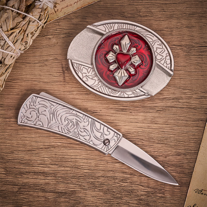 Cintura in pelle con fibbia a coltello pieghevole nascosto a forma di cuore cremisi gotico fai-da-te - image 1
