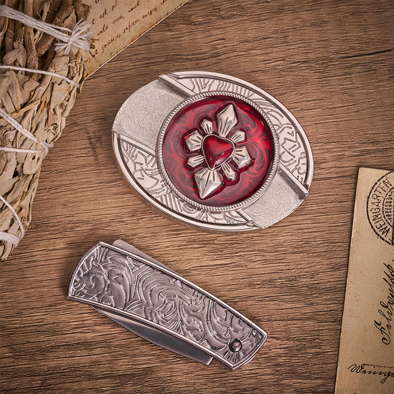 Cintura in pelle con fibbia a coltello pieghevole nascosto a forma di cuore cremisi gotico fai-da-te - image 10