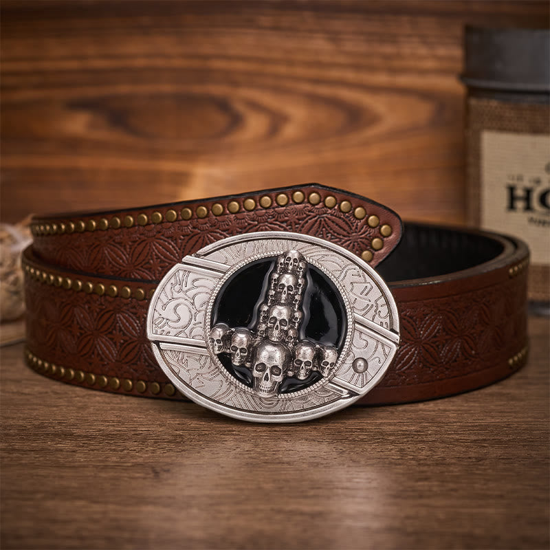 Cintura in pelle con fibbia a coltello pieghevole nascosto, teschio e croce di lusso, stile dark luxury fai-da-te. - Croce con teschio - Cintura con rivetti marroni - 42 - image 4