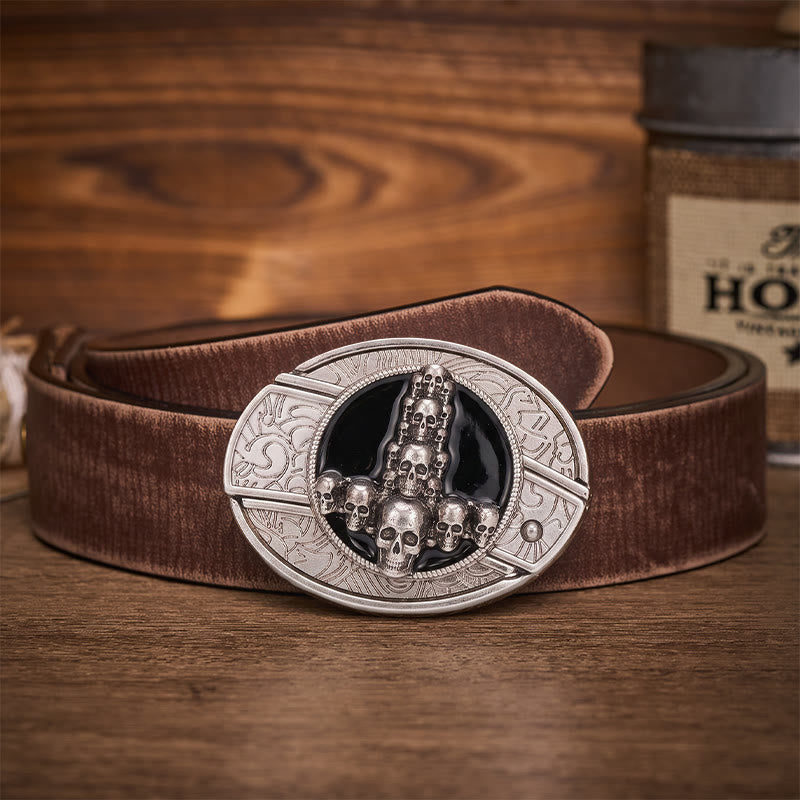 Cintura in pelle con fibbia a coltello pieghevole nascosto, teschio e croce di lusso, stile dark luxury fai-da-te. - Croce con teschio - Cintura marrone effetto invecchiato - 42 - image 5