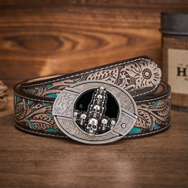 Cintura in pelle con fibbia a coltello pieghevole nascosto, teschio e croce di lusso, stile dark luxury fai-da-te. - Croce con teschio - Cintura grigia a fiori - 42 - image 8