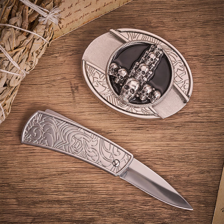 Cintura in pelle con fibbia a coltello pieghevole nascosto, teschio e croce di lusso, stile dark luxury fai-da-te. - image 1